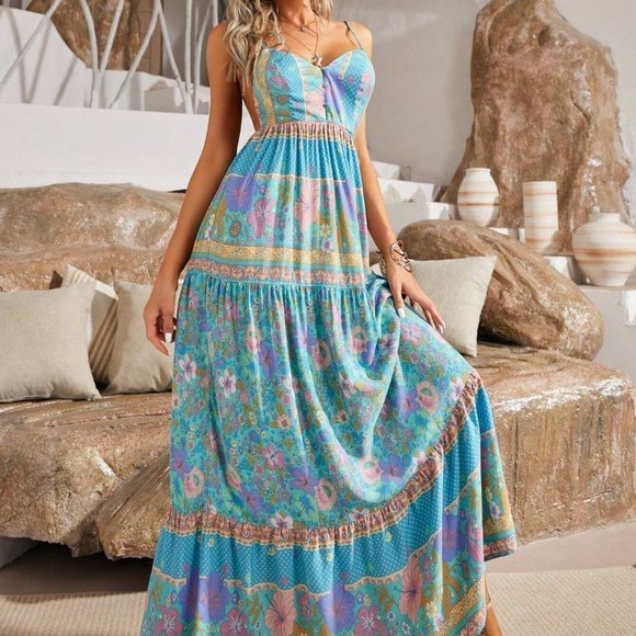 . Dresses & Skirts - Blue Boho Womens Floral Print Ruffle Hem Cami Dress